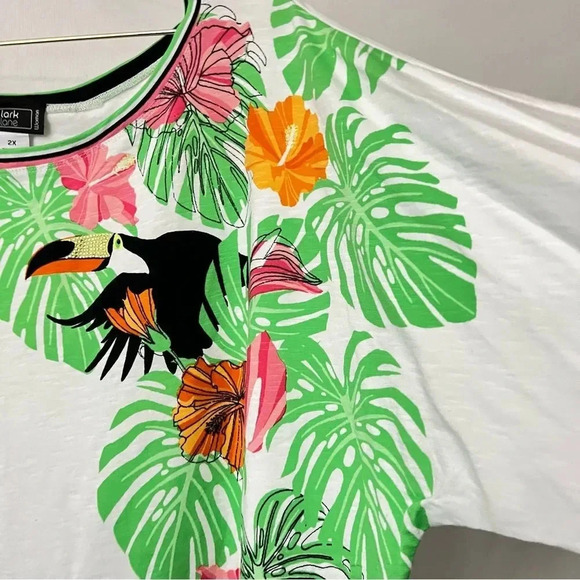 Lark Lane Woman 2X Hawaiian Floral Blouse Top 3/4 Sleeve Cotton Blend Toucan - Picture 9 of 9